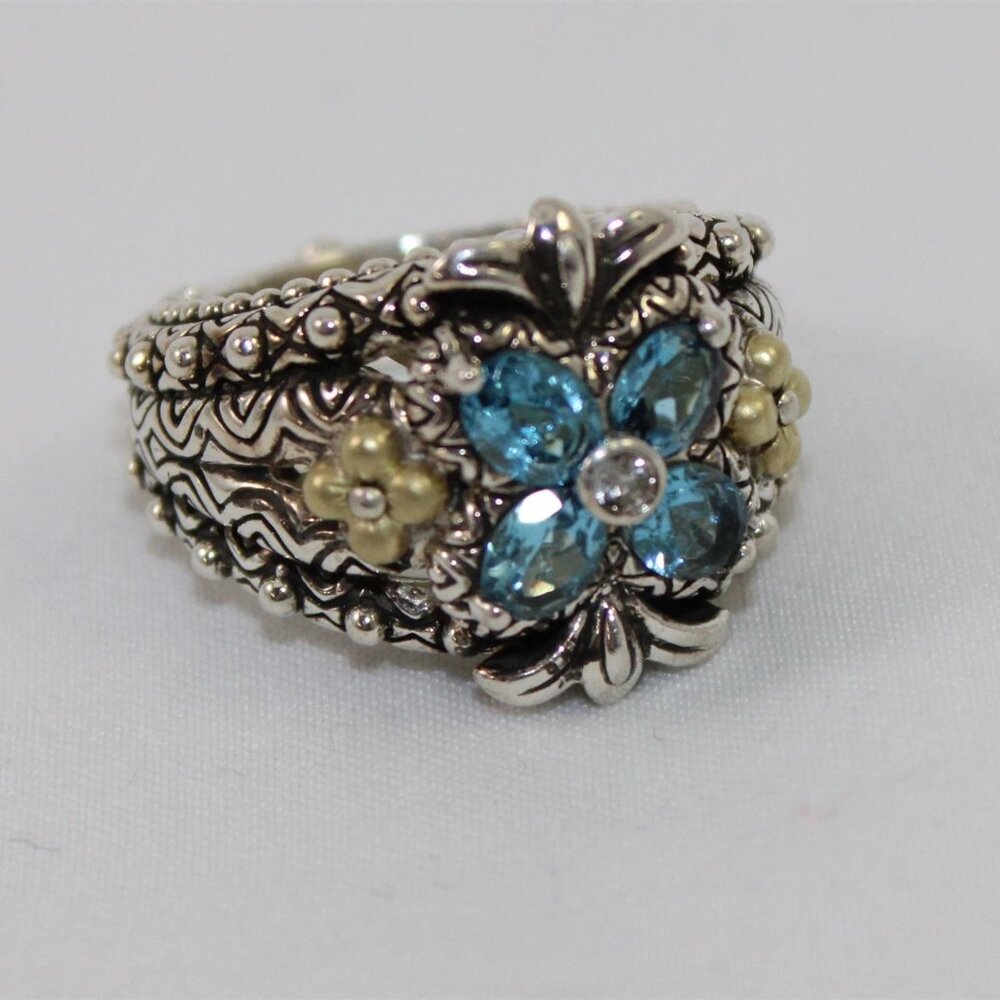 Barbara Bixby Sterling Silver & 18K Blue Topaz Flower Fashion Ring Size 6.25